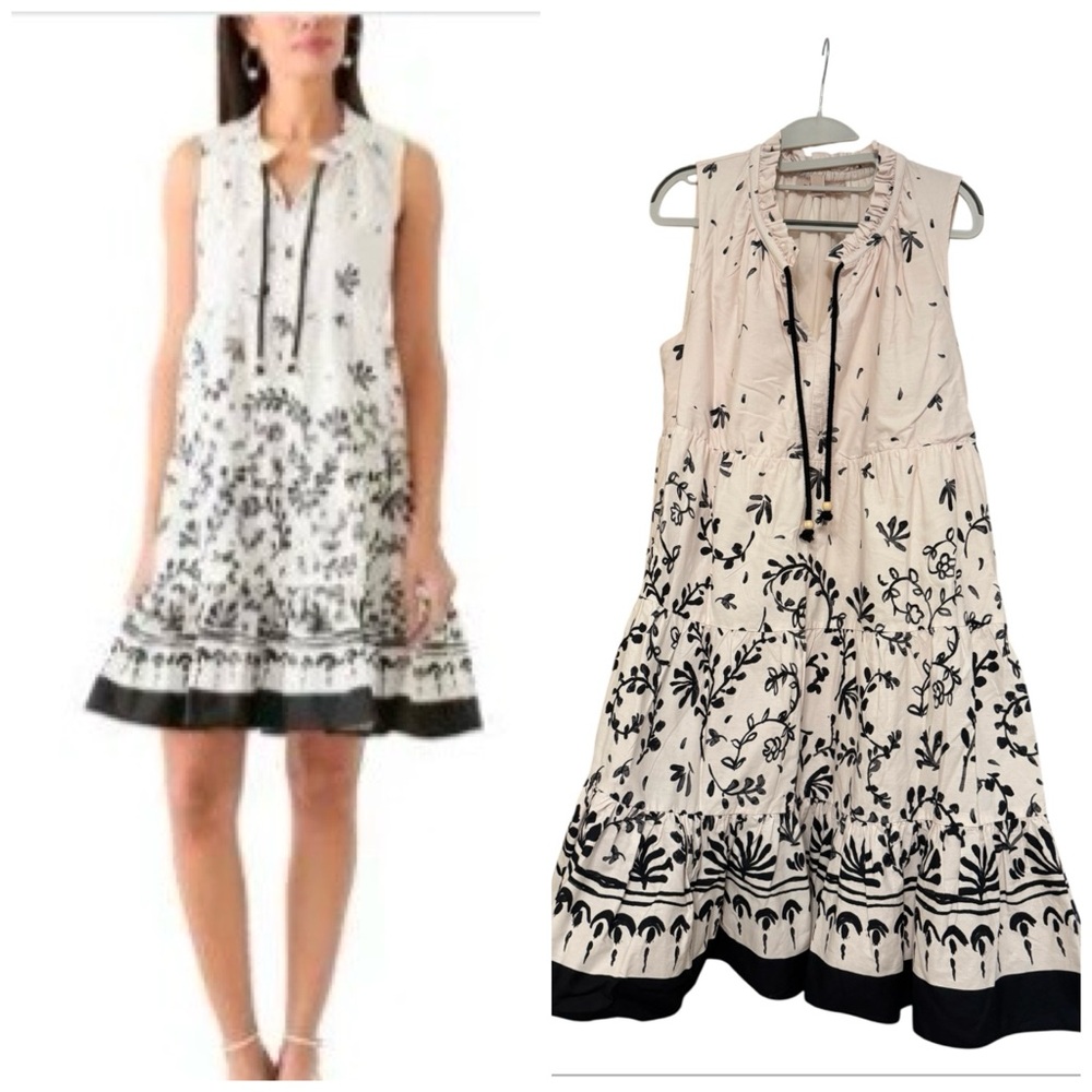 Philosophy Creamy Off White Dress with Black Floral Border & Print, Medium
